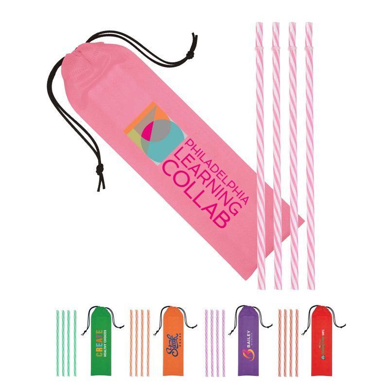 Custom Reusable Straws in Full Color Drawstring Pouch
